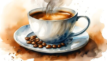 steam rising from a vibrant watercolor cup of coffee surrounded by artistic splashes of color