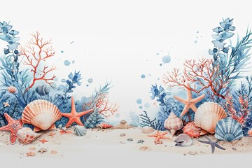 Illustration in watercolor style with seashells, starfish and coral