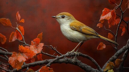 Canvas Print - A Small Bird Perched on a Branch with Autumn Leaves