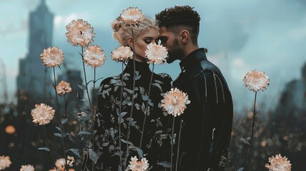 Love in Bloom Couple Portrait with Floral Overlays, Blurry Cityscape Background, Romantic Concept, Flower, Couple, Urban Romance