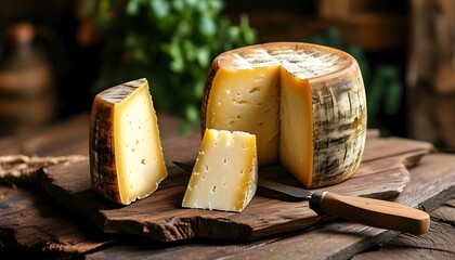 Wall Mural - Artisan cheese wheel with a slice elegantly removed