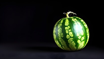 Wall Mural - Vibrant watermelon with dark green stripes set against a contrasting black background