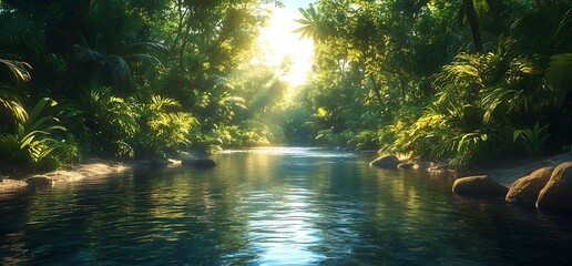 Wall Mural - Tranquil river flowing through a lush tropical jungle with sunlight filtering through the trees.