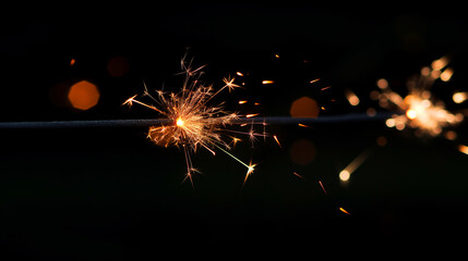 Wall Mural - Sparkling fire on a black background with golden bokeh