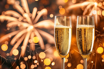 Two glasses of champagne on a dark background with bokeh