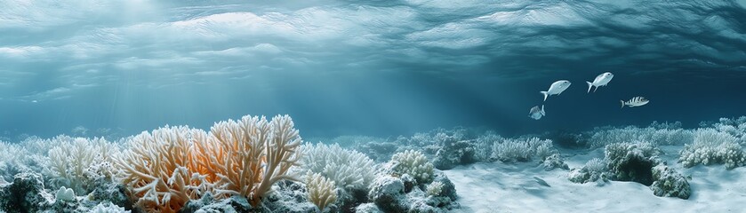 Underwater scene with coral reefs and fish in clear blue ocean waters, radiating serenity and natural beauty.