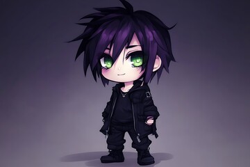 Canvas Print - Cute Anime Boy with Purple Hair and Green Eyes in Black Outfit