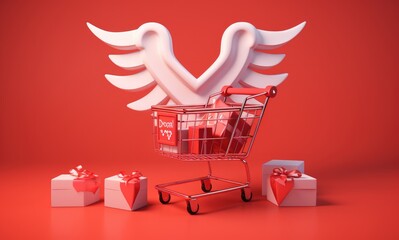 Wall Mural - A shopping cart filled with red gifts with a white heart with wings behind it on a red background.