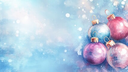 watercolor Christmas Baubles And Blurred Shiny Lights banner with text space