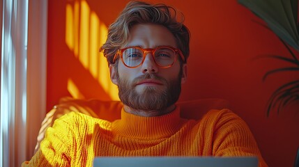 Canvas Print - Young man with beard and glasses looks directly at the camera while sitting in a chair with a laptop.