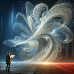 A person observes a swirling, ethereal fractal art piece that radiates light in a spacious, futuristic setting. The digital display evokes a sense of wonder and creativity, merging technology and