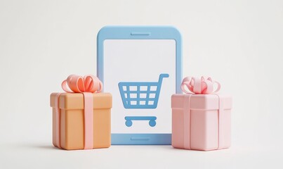 Poster - Two gift boxes with a shopping cart icon on a smartphone on a white background.