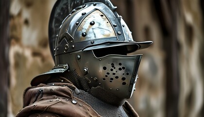 Intricately Designed Medieval Helmet with Visor and Weathered Metal Plates