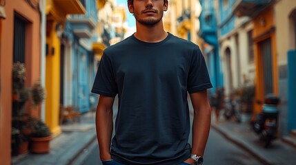 Man model shirt mockup. Boy wearing black t-shirt on street in daylight. T-shirt mockup template on hipster adult for design print.