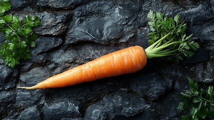 Wall Mural - A single, fresh carrot with green tops on a dark background.