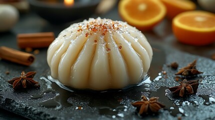 Closeup of a white dumpling with brown sugar and spices on a black slate plate.