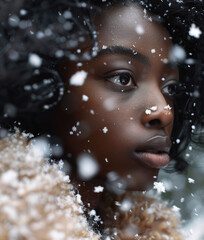 Wall Mural - Portrait of young beautiful black woman in snowfall, cold winter season