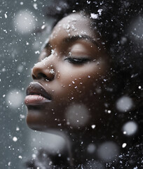 Wall Mural - Portrait of young beautiful black woman in snowfall, cold winter season