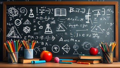 School Supplies and Geometry Doodles on Chalkboard Background for Educational Visuals