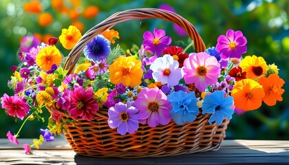 Wall Mural - Vibrant display of colorful flowers overflowing from a wicker basket, radiating cheer and beauty