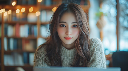 Canvas Print - Young woman with long dark hair smiles at the camera.