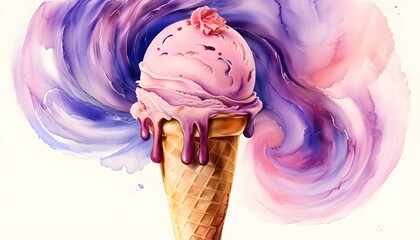 Wall Mural - Whimsical watercolor depiction of a melting ice cream cone with vibrant purple and pink swirls