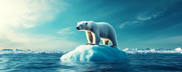 A majestic polar bear standing on a small iceberg surrounded by the vast, icy ocean under a partly cloudy sky, representing wildlife and climate change.