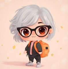 Wall Mural - Cute cartoon girl with grey hair, glasses and orange backpack. Adorable illustration for kids and teens.