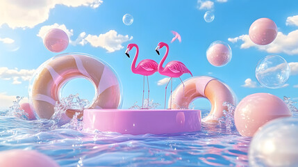 Wall Mural - A 3D rendition of a podium display on a summer sea ocean with pink flamingos, beach balls, and bubbles against a blue sky background.