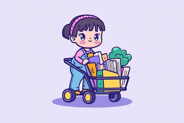 Poster - Cute girl pushing a shopping cart full of books and broccoli