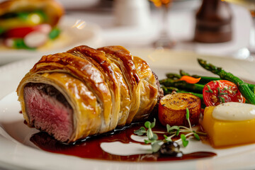 Wall Mural - A plate of food with a piece of meat and vegetables