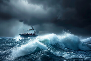 Wall Mural - A large ship is in the middle of a huge wave