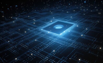 A glowing blue computer chip sits at the center of a digital circuit board, surrounded by a network of lines and dots.