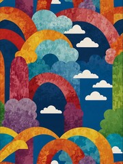 Wall Mural - Rainbow arches with fluffy clouds in a vibrant, playful pattern.