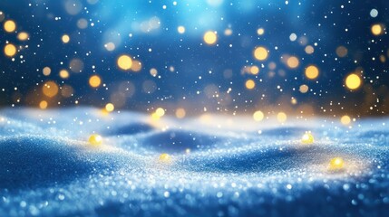 Festive Christmas natural snowy landscape, abstract empty stage, background with snow, snowdrift and defocused Christmas lights. Blue and yellow Golden Christmas lights against blue sky, copy space