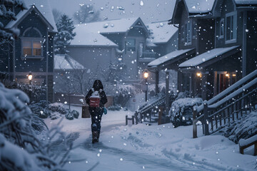 Wall Mural - A person is walking down a snowy street in front of a house