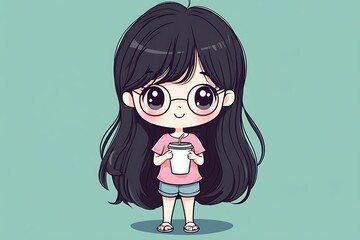 Wall Mural - Cute Cartoon Girl with Long Black Hair, Glasses, and Coffee Cup, Kawaii Illustration