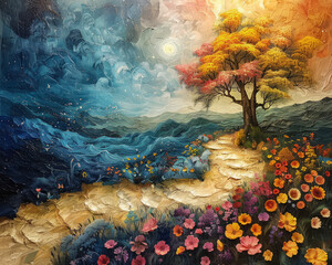 Oil painting of a vibrant landscape depicting a pathway lined with flowers, a colorful tree, and a contrasting cloudy sky with day and night elements, Generative AI