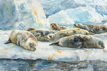 A painting of a group of seals resting on a sheet of ice