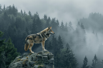 Canvas Print - A wolf is standing on a rocky hillside in a forest