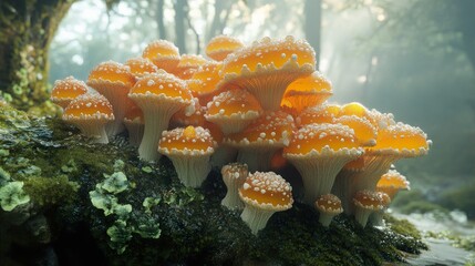 Wall Mural - Golden Mushrooms in a Misty Forest: A Close-Up Photography