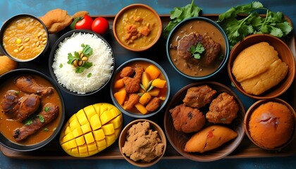 Wall Mural - Vibrant West African Cuisine Featuring Peanut Soup, Jollof Rice, Grilled Chicken Wings, Fried Bananas, Plantains, Nigerian Kebabs, and Savory Meat Pies