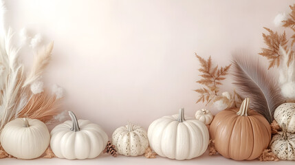 Canvas Print - A collection of minimalistic beige and brown pumpkins arranged on a pastel background, complemented by feather decorations, creating a serene fall aesthetic with ample copy space.