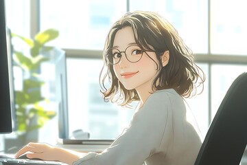 smiling anime girl with glasses working on a computer in her office