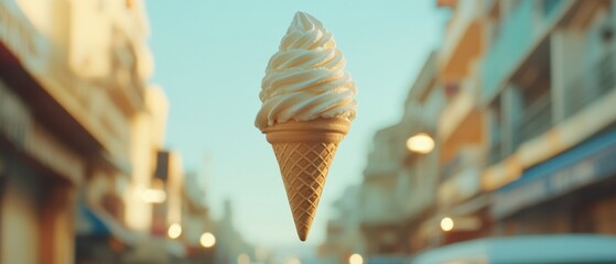 Wall Mural - A white ice cream cone is floating in the air above a city street