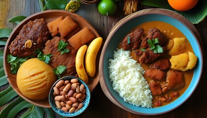 Wall Mural - Vibrant West African Cuisine Featuring Peanut Soup, Jollof Rice, Grilled Chicken Wings, Fried Bananas, Plantains, Nigerian Kebabs, and Savory Meat Pies