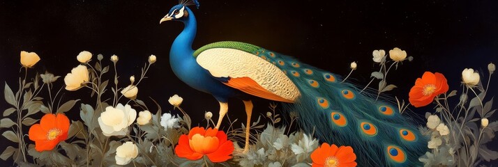 A vibrant peacock with striking blue and green plumage stands amidst a lush garden of delicate white and bright orange flowers. The image showcases the elegance and beauty of nature, with the peacock'