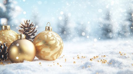 Wall Mural - snowy background with gold ornaments, pinecones, and copy space image for christmas decoration conce