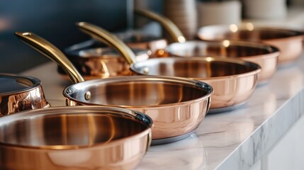 A set of high-quality copper pans with shiny finishes, placed on a marble countertop, emphasizing their elegant design and professional-grade quality.