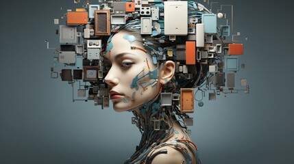 Poster - Woman with a Cyborg Head Made of Technology